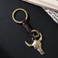 Vintage Bull Skull Leather Keychain - Handcrafted Western Cowboy Keyring