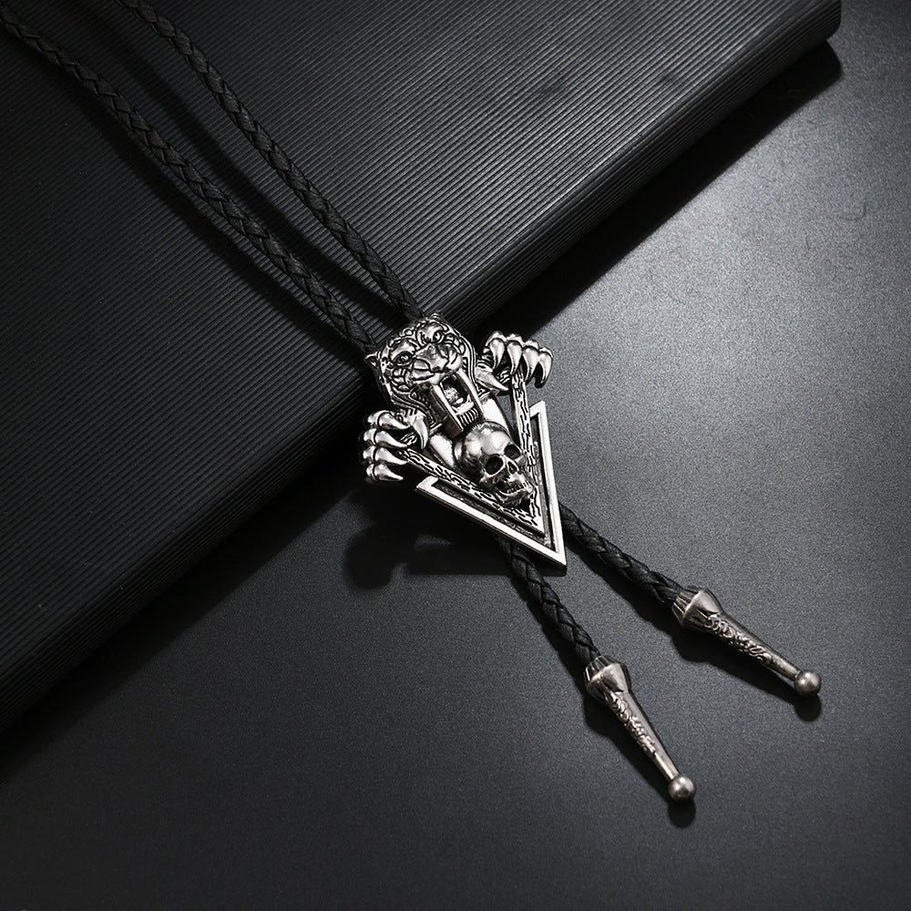 Gothic Western Skull Bolo Tie - Vintage Longhorn Bull & Pentagram Cowboy Necktie