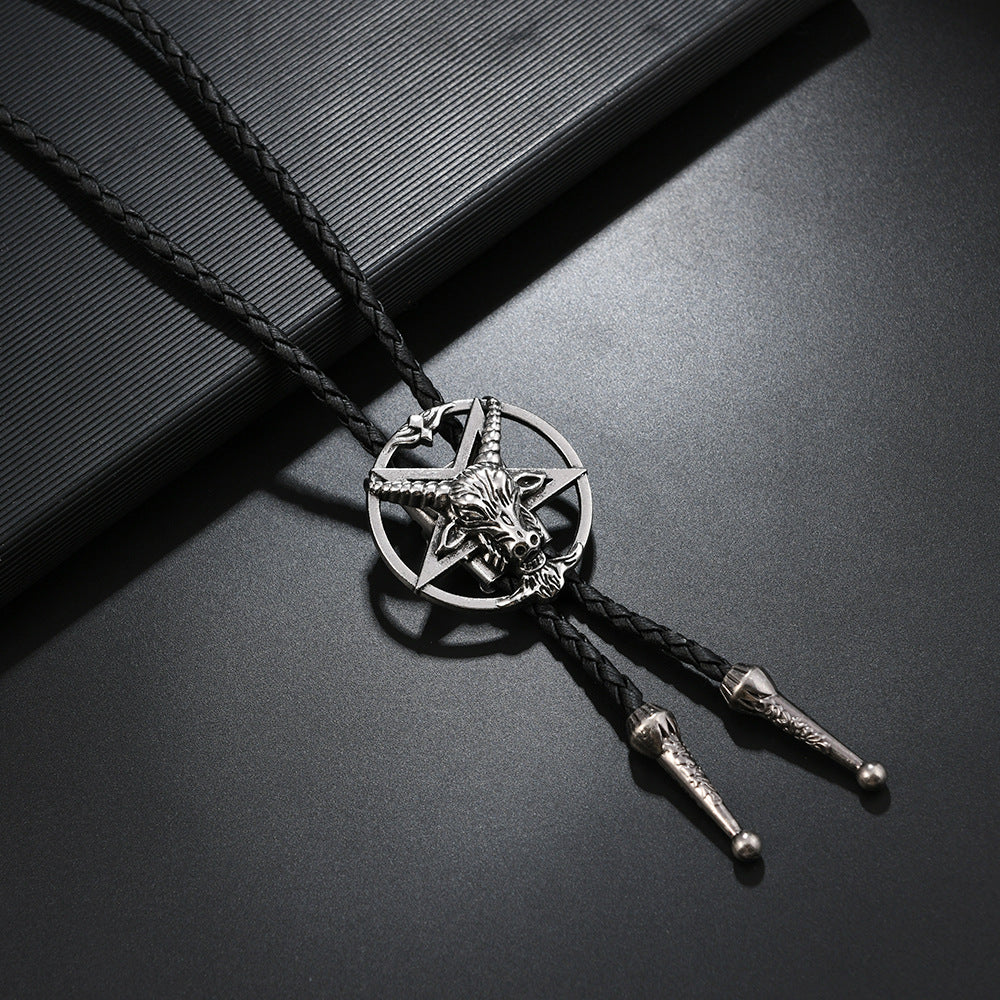 Gothic Western Skull Bolo Tie - Vintage Longhorn Bull & Pentagram Cowboy Necktie