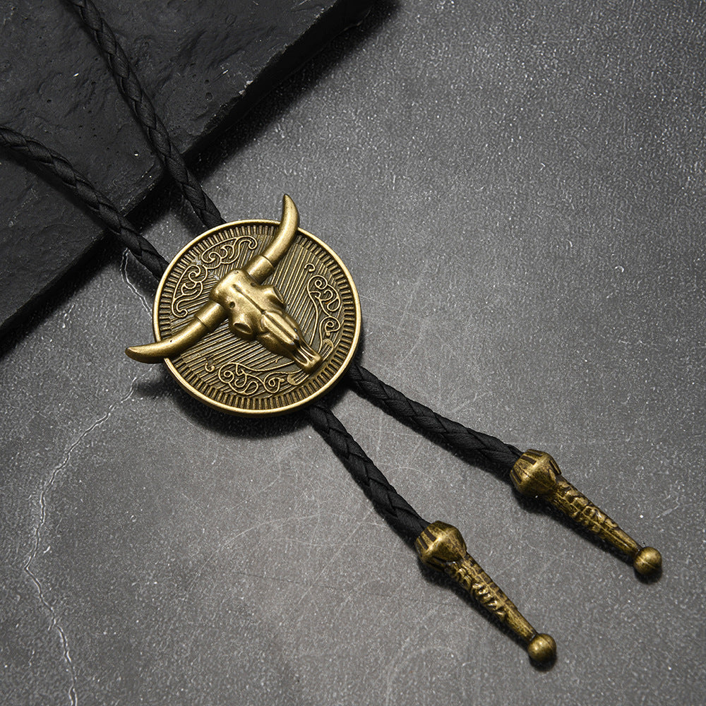 Western Round Bull Head Bolo Tie - Vintage Cowboy Medallion Necktie