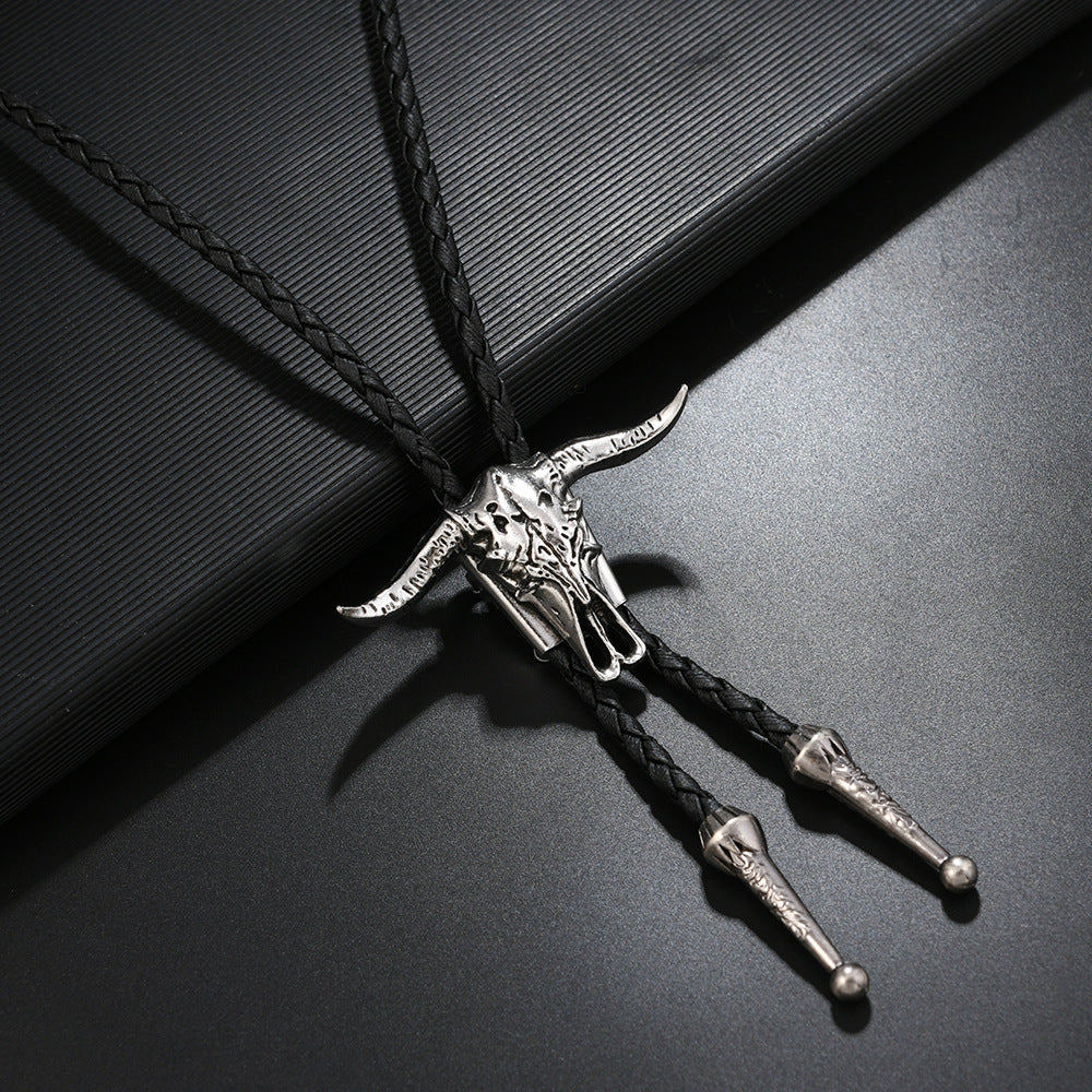 Gothic Western Skull Bolo Tie - Vintage Longhorn Bull & Pentagram Cowboy Necktie