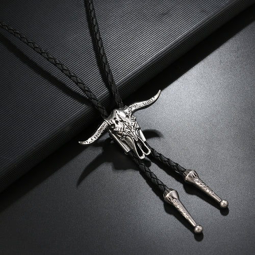 Gothic Western Skull Bolo Tie - Vintage Longhorn Bull & Pentagram Cowboy Necktie