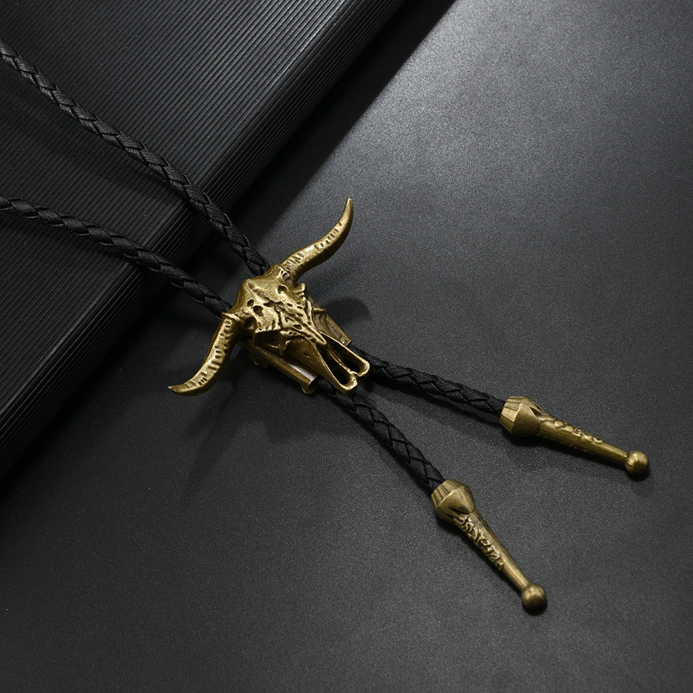 Gothic Western Skull Bolo Tie - Vintage Longhorn Bull & Pentagram Cowboy Necktie