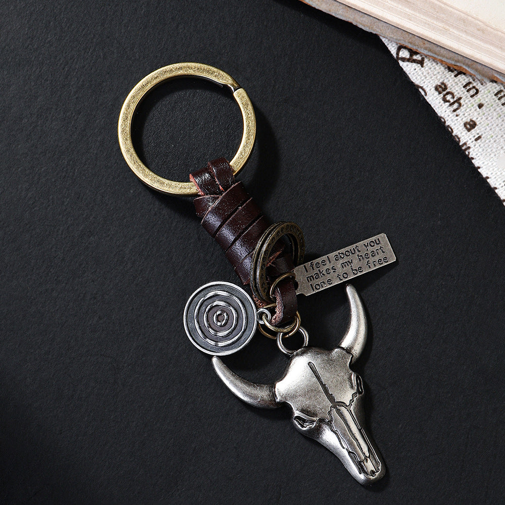 Vintage Bull Skull Leather Keychain - Handcrafted Western Cowboy Keyring