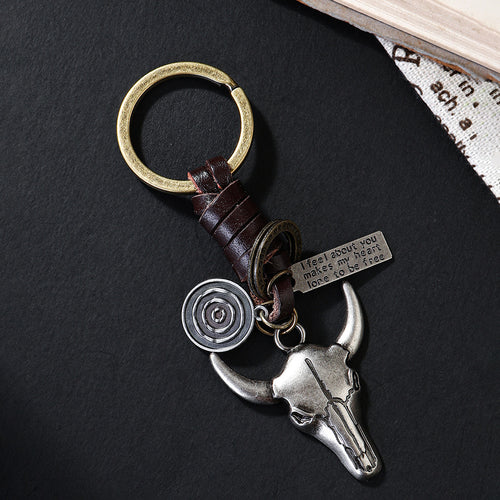 Vintage Bull Skull Leather Keychain - Handcrafted Western Cowboy Keyring