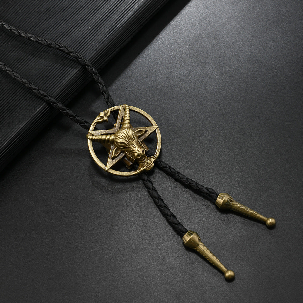 Gothic Western Skull Bolo Tie - Vintage Longhorn Bull & Pentagram Cowboy Necktie